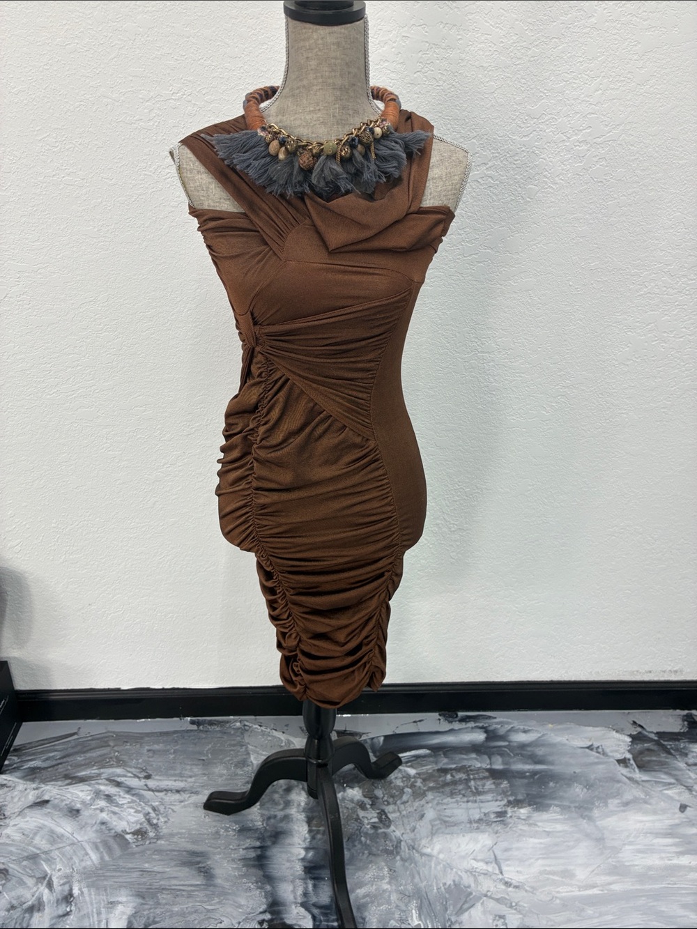Boohoo Brown Ruched Sleeveless Midi Dress